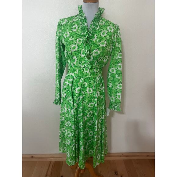Vintage Dresses & Skirts - Vintage 1970s green floral ruffle long sleeve matching belt shirt dress SMALL